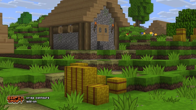 Crisp Contours add-on — village build with block silhouette outlines