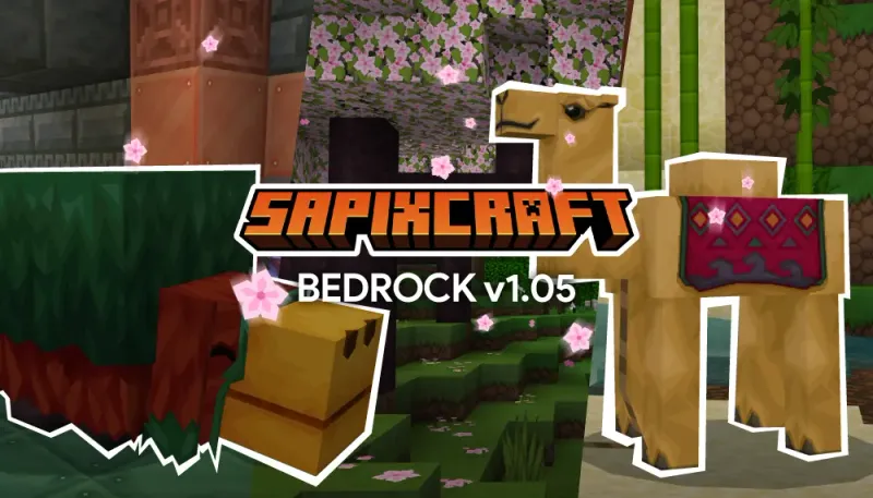 Sapixcraft Bedrock 1.20 update featuring camels, sniffers and cherry blocks